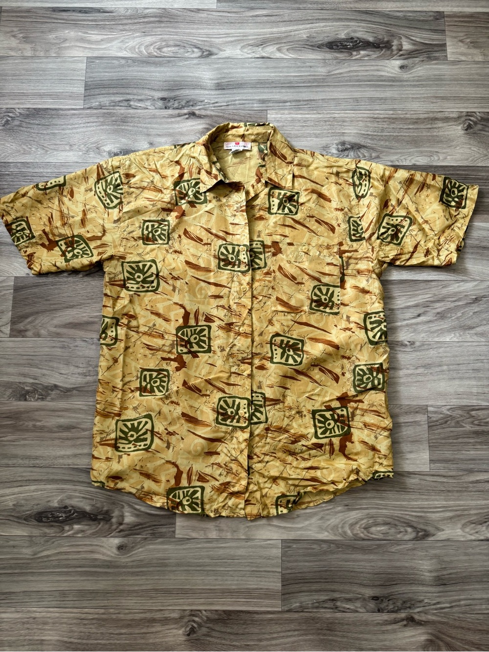 Vintage 100% Silk Earthy Abstract Geometric Print Button Up Short Sleeve Size M